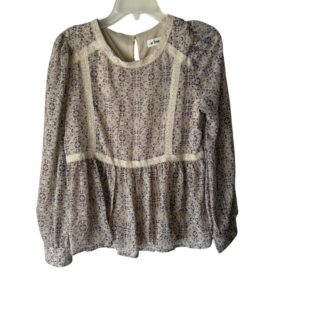 In Loom Blouse Womens Small Purple Floral Long Sleeve Peplum Boho Lace Top